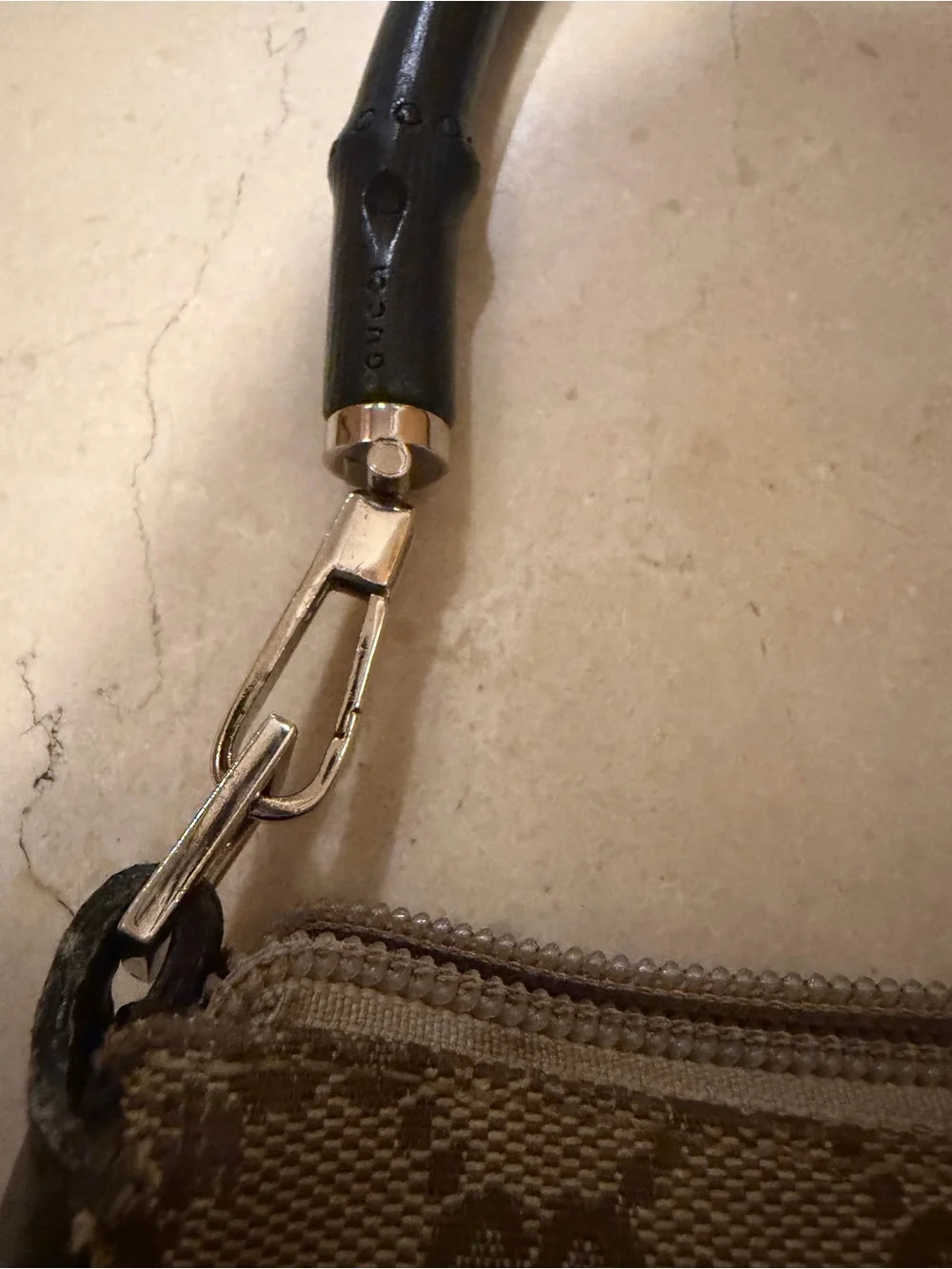Gucci Beige Brown Monogram Shoulder Bag with Black Bamboo Handle